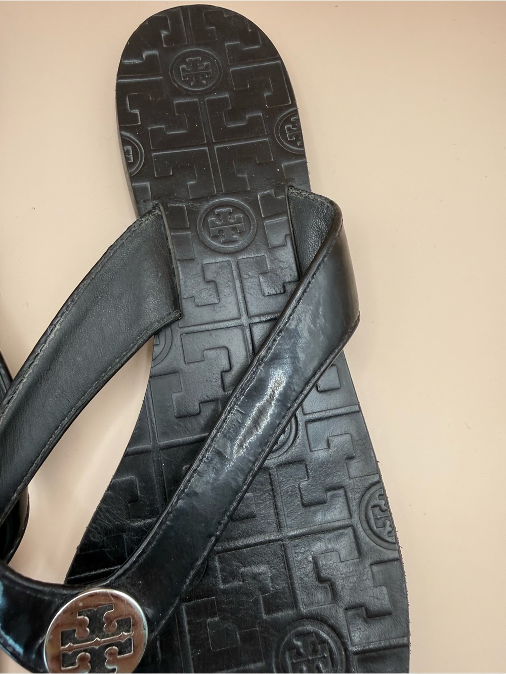 Tory Burch Black Leather Thong Slide Sandals Logo Size 10M - Picture 5 of 8